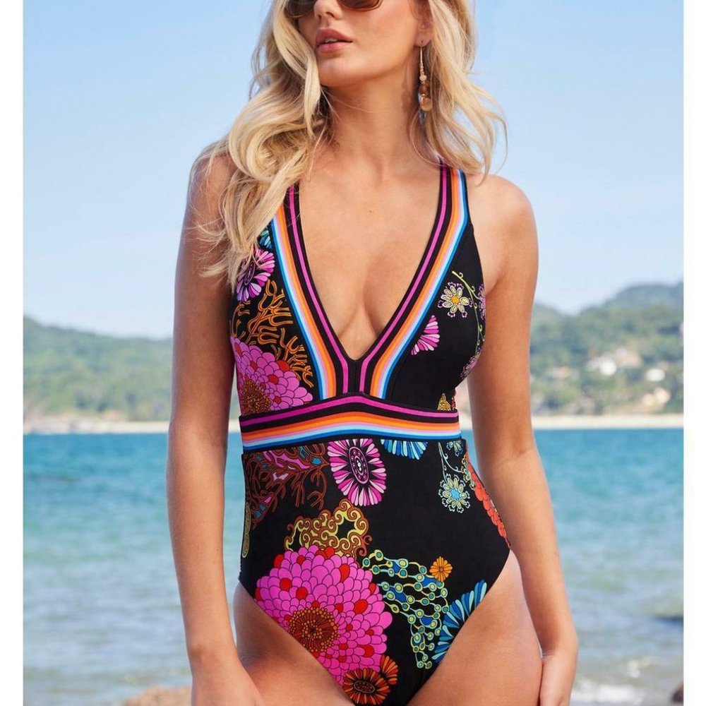 NWT $162 Trina Turk Electric Reef Plunging V-neck Swim 4